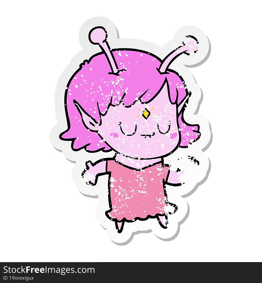 Distressed Sticker Of A Cartoon Alien Girl Dancing