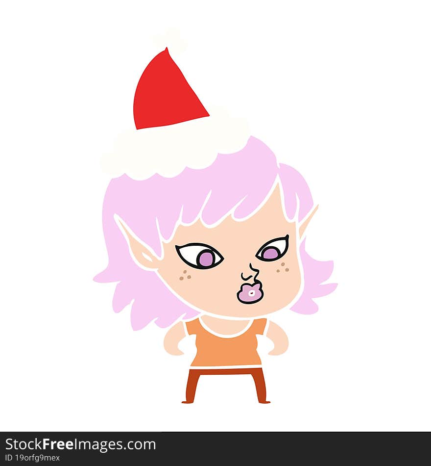 pretty flat color illustration of a elf girl wearing santa hat