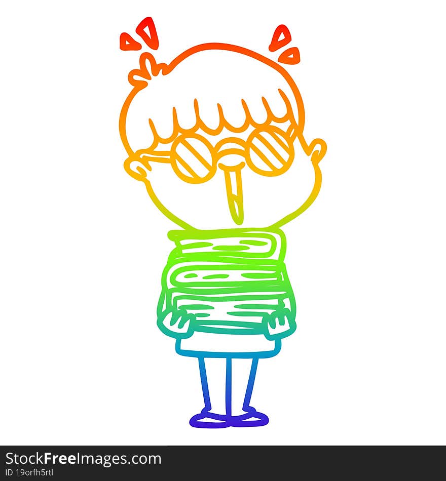 rainbow gradient line drawing cartoon boy with amazing books