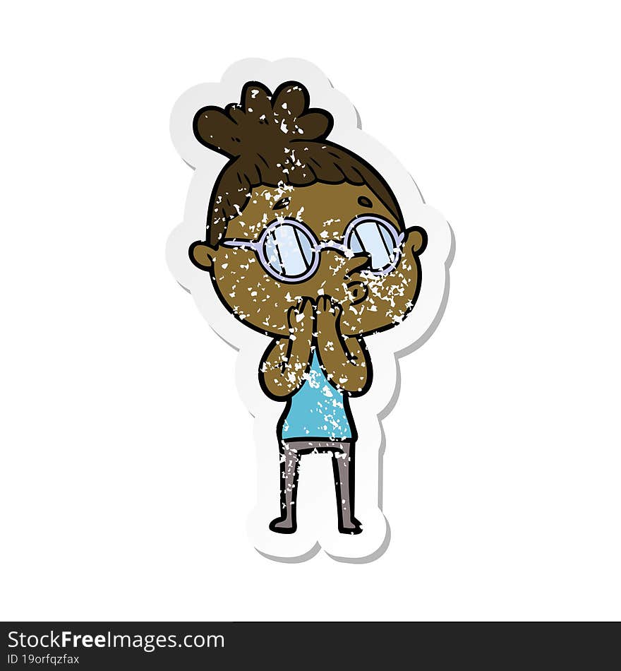 distressed sticker of a cartoon woman wearing glasses