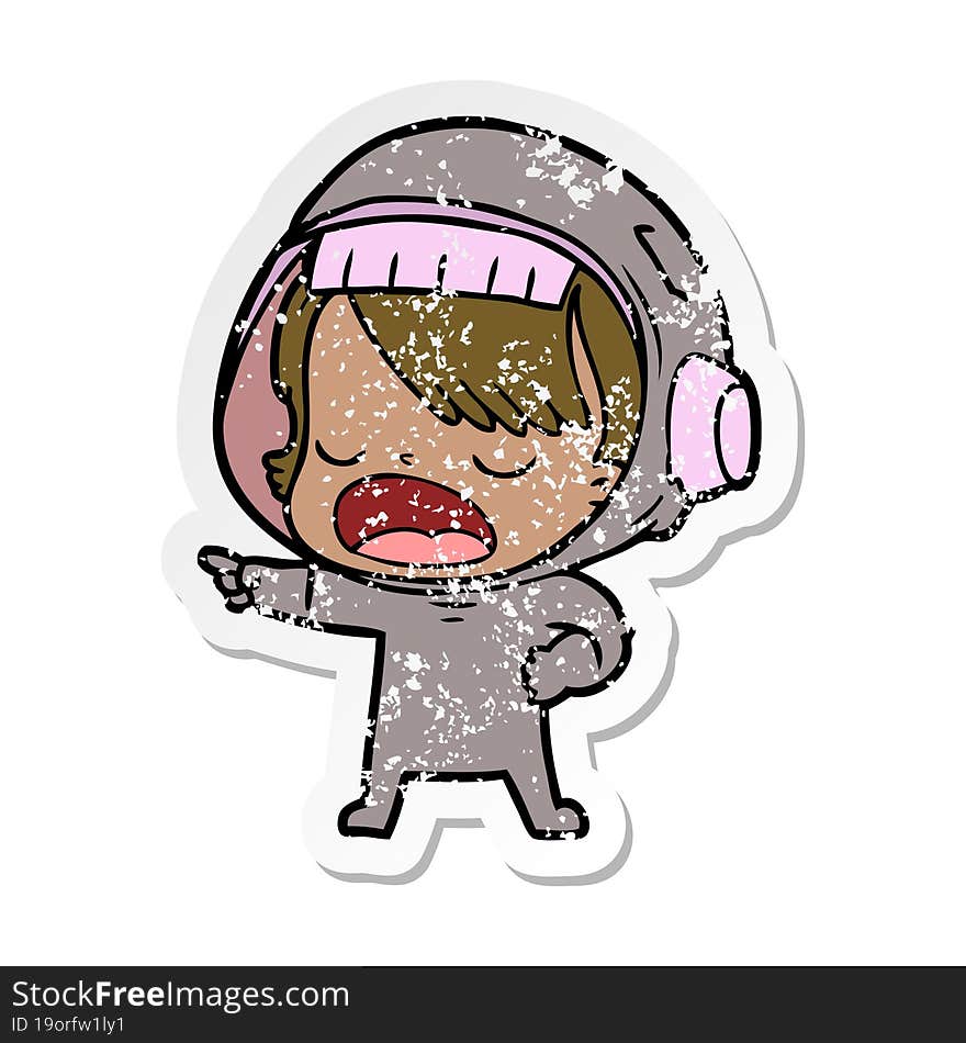 distressed sticker of a cartoon talking astronaut