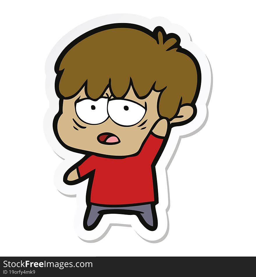 sticker of a cartoon exhausted boy