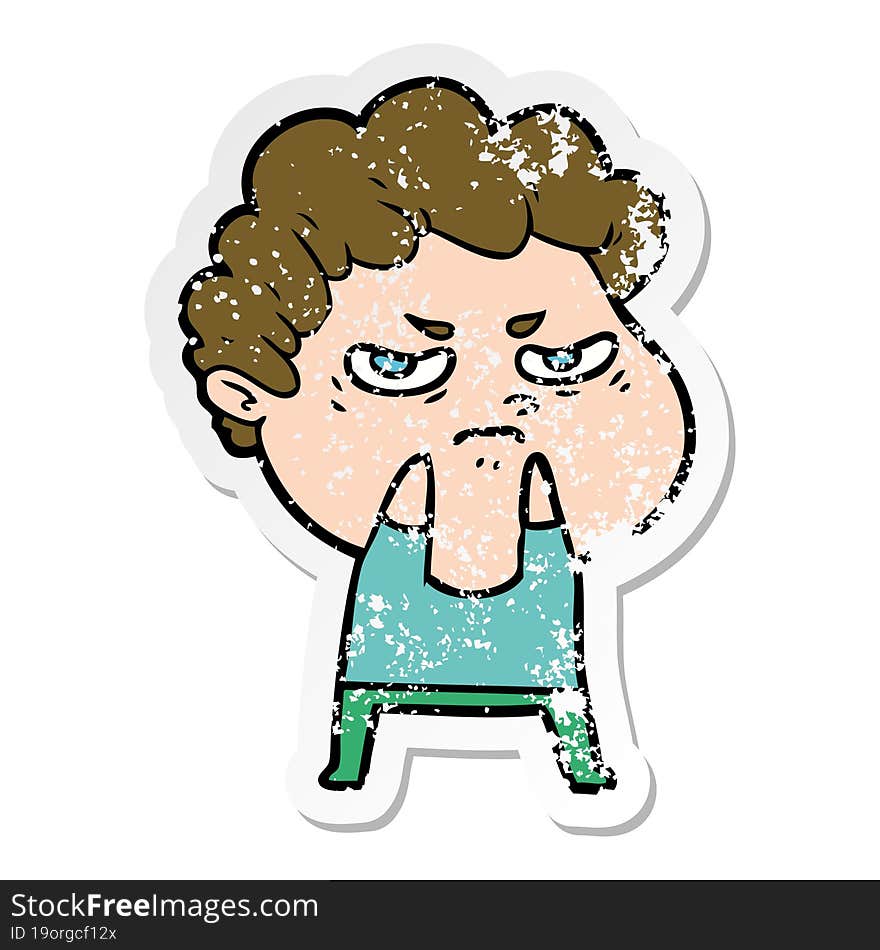 Distressed Sticker Of A Cartoon Angry Man