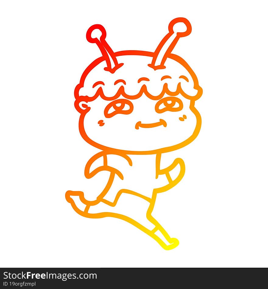 warm gradient line drawing of a friendly cartoon spaceman running