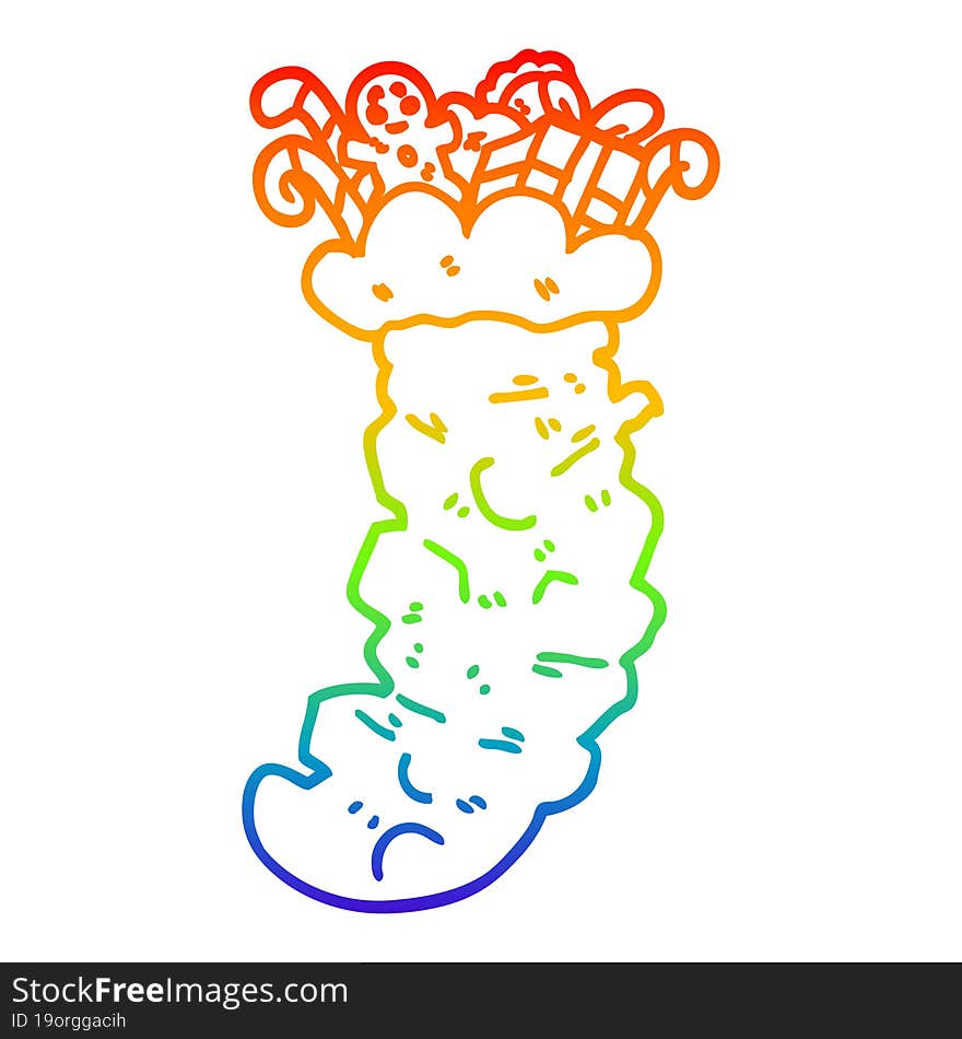 rainbow gradient line drawing of a cartoon christmas stocking stuffed with toys