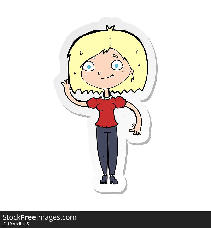 sticker of a cartoon woman waving