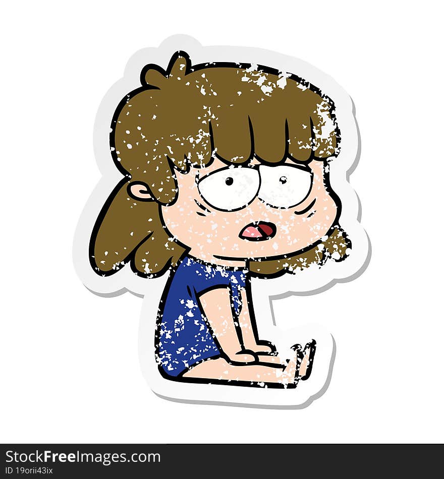 distressed sticker of a cartoon tired woman