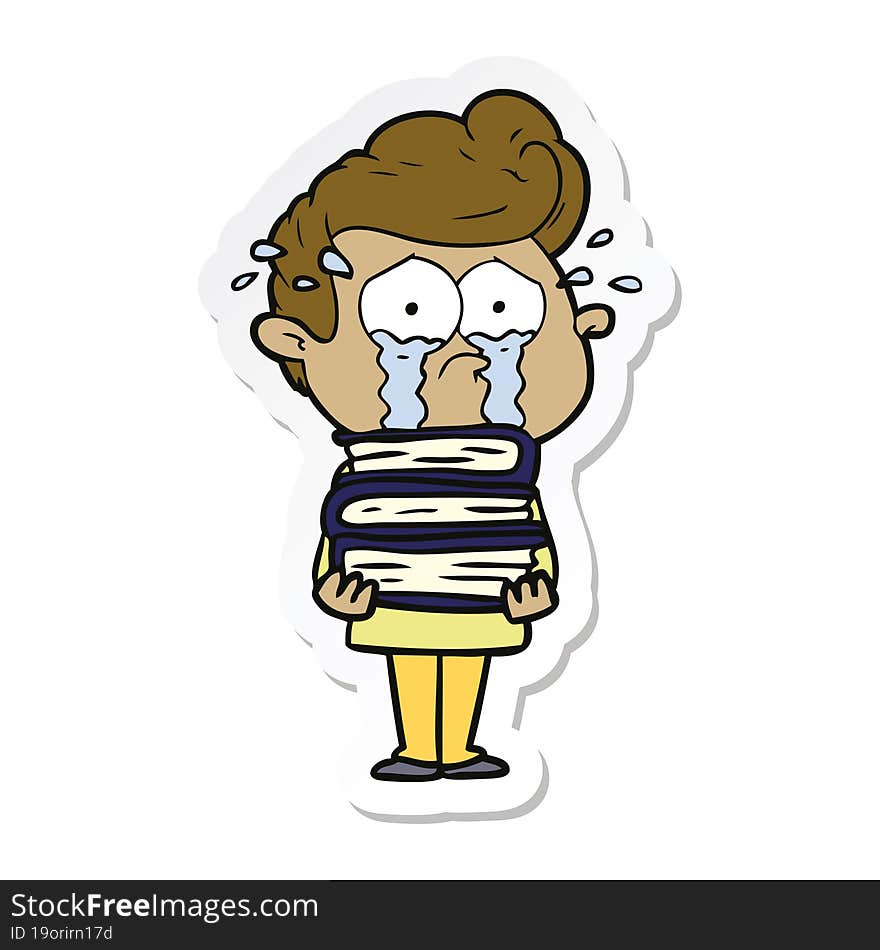 sticker of a cartoon crying student with stack of books