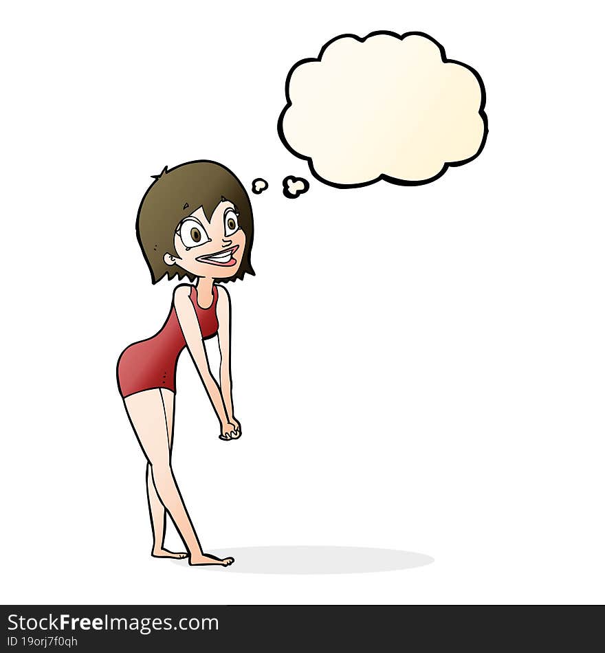 cartoon excited woman with thought bubble