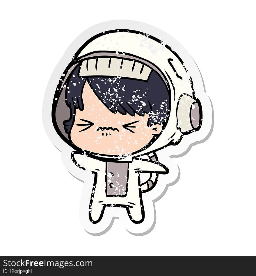 distressed sticker of a angry cartoon space girl