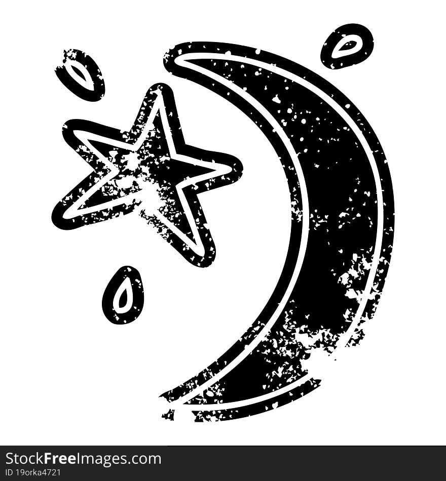 grunge icon drawing of the moon and a star