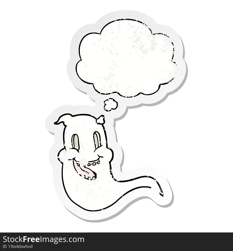 cartoon spooky ghost with thought bubble as a distressed worn sticker