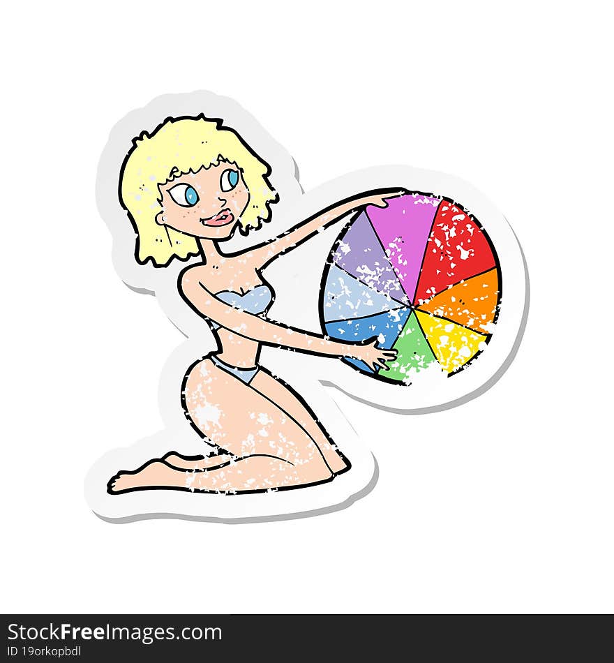 Retro Distressed Sticker Of A Cartoon Bikini Girl With Beach Ball