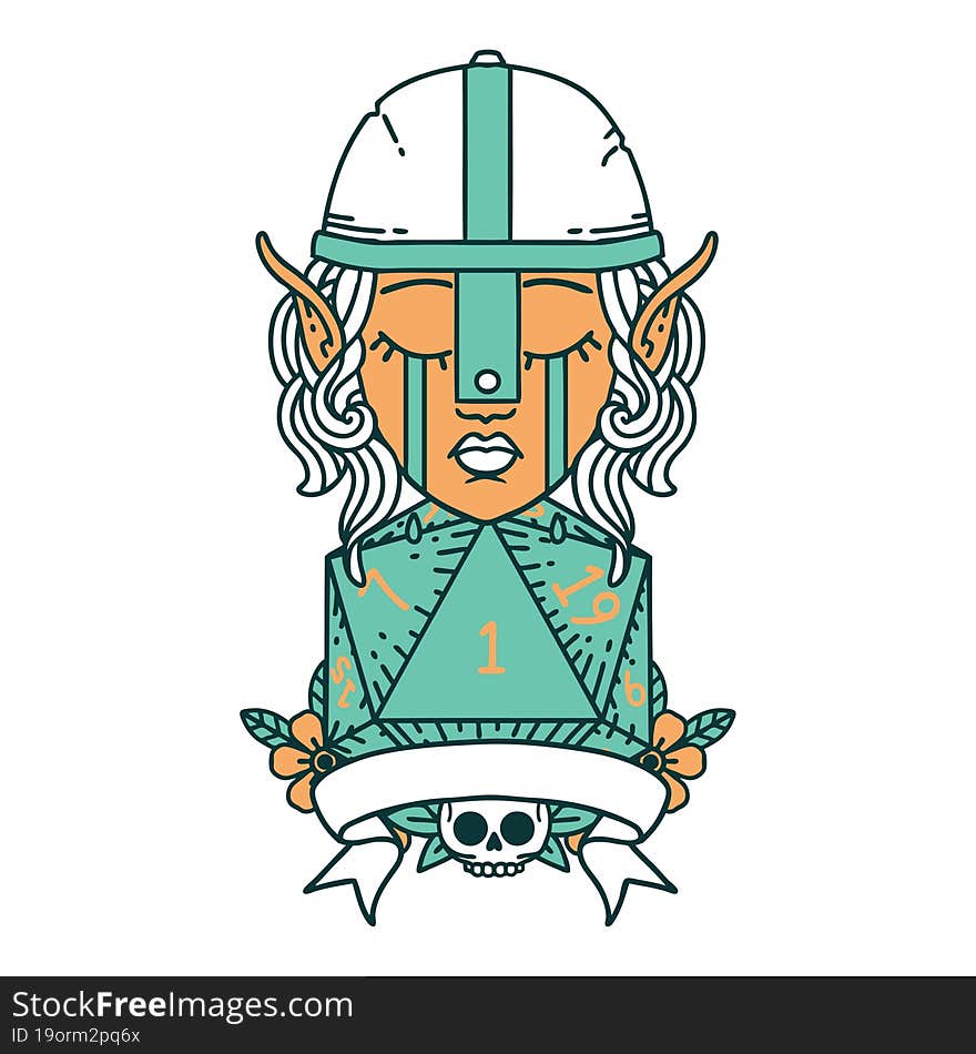 Retro Tattoo Style crying elf fighter character face with natural one D20 roll. Retro Tattoo Style crying elf fighter character face with natural one D20 roll