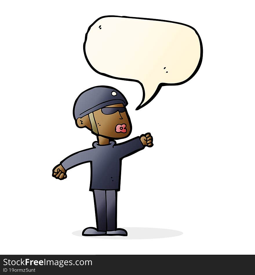 cartoon security guy with speech bubble