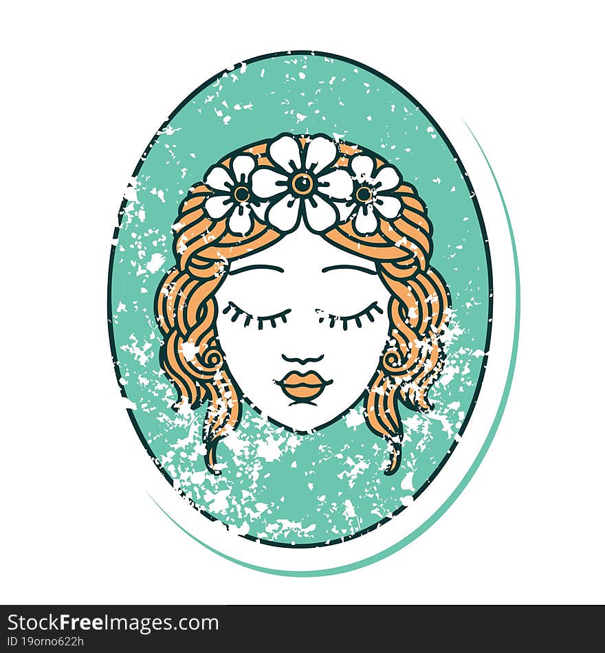 distressed sticker tattoo style icon of a maiden with eyes closed