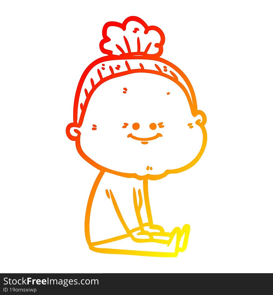 warm gradient line drawing of a cartoon happy old woman