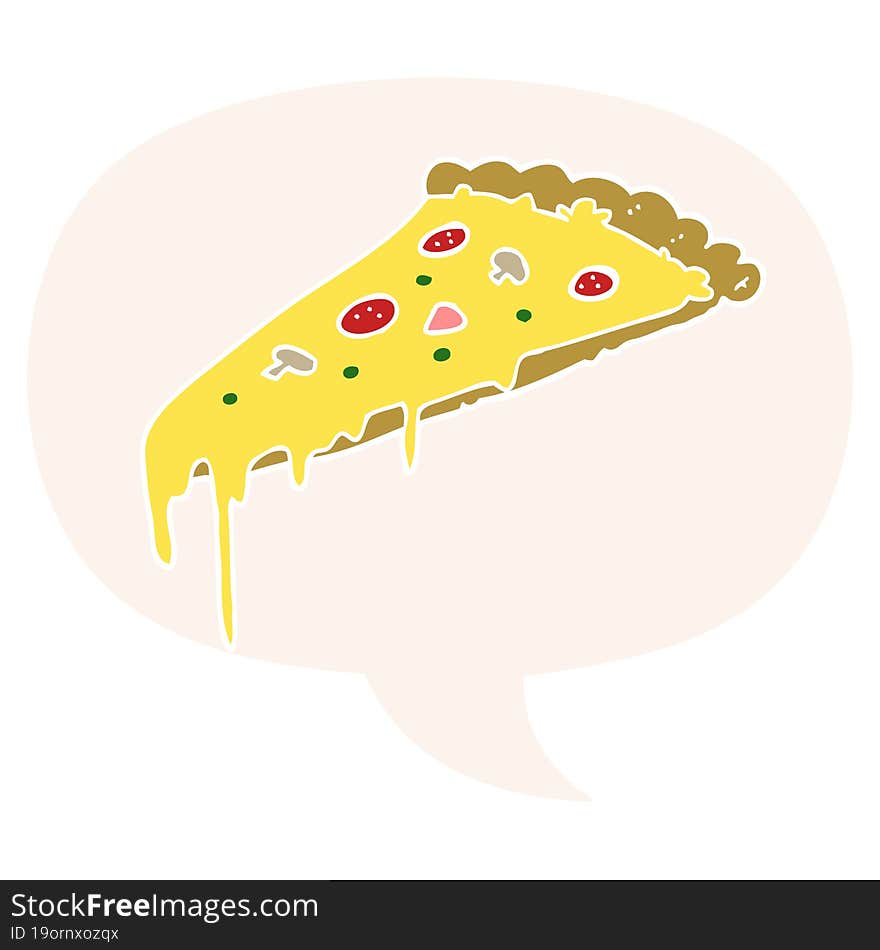 Cartoon Pizza Slice And Speech Bubble In Retro Style