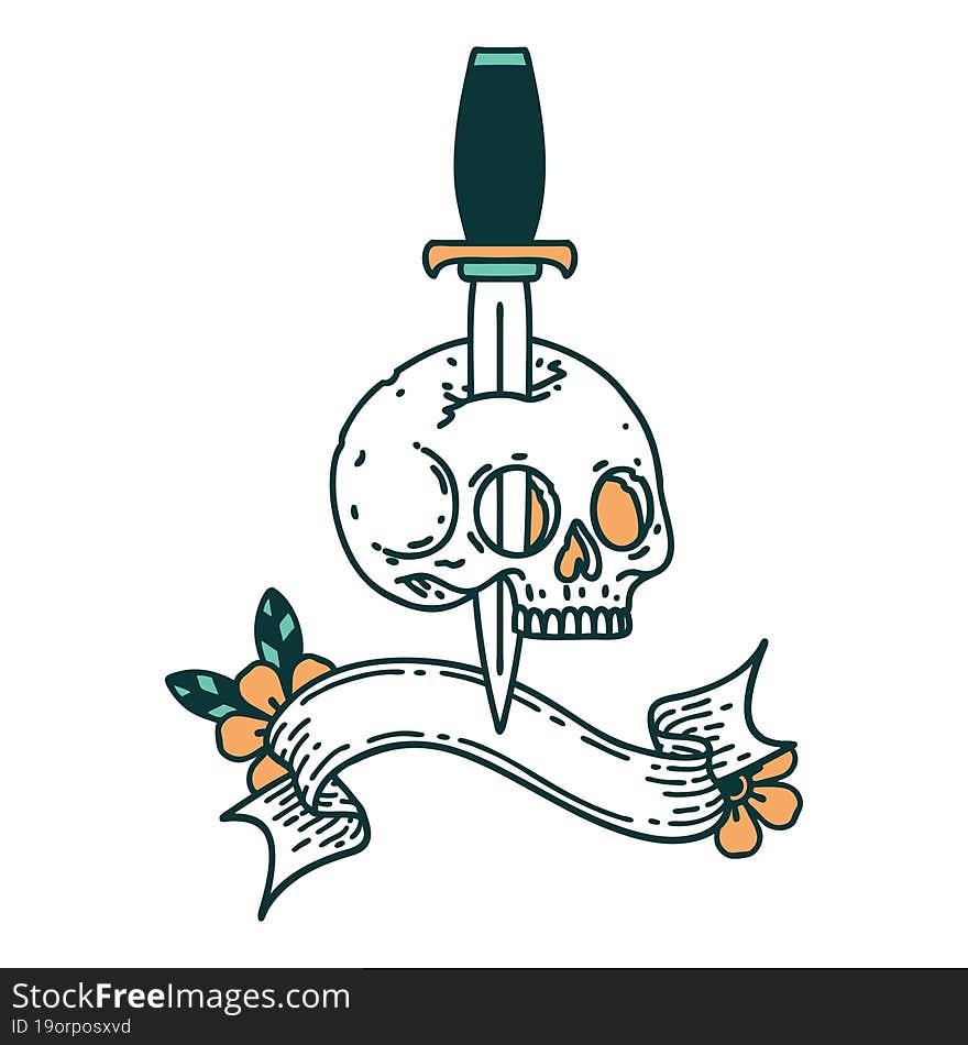 Tattoo With Banner Of A Skull And Dagger