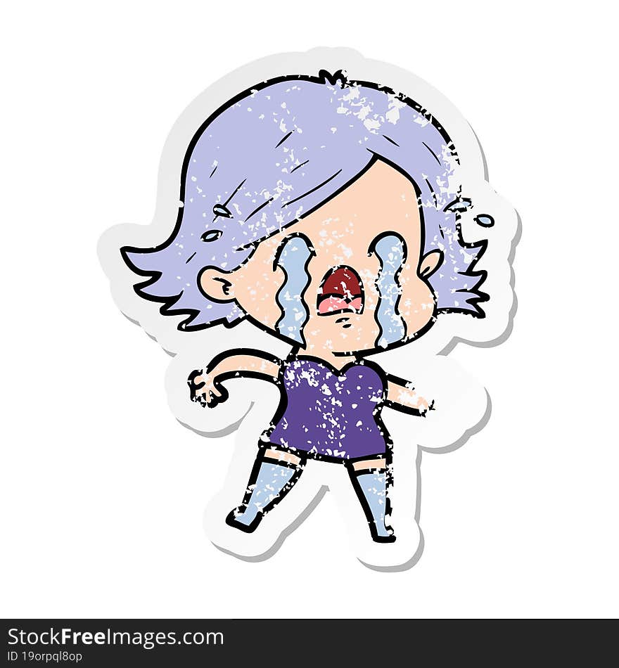 distressed sticker of a cartoon woman crying