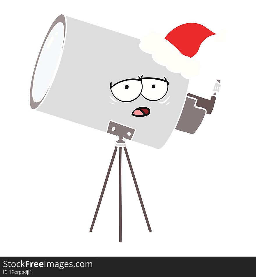 Flat Color Illustration Of A Bored Telescope With Face Wearing Santa Hat