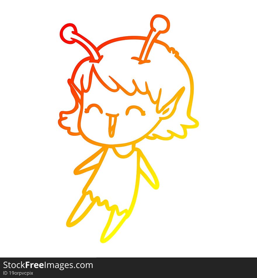 warm gradient line drawing of a cartoon alien girl laughing