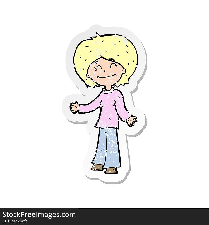 retro distressed sticker of a cartoon happy woman