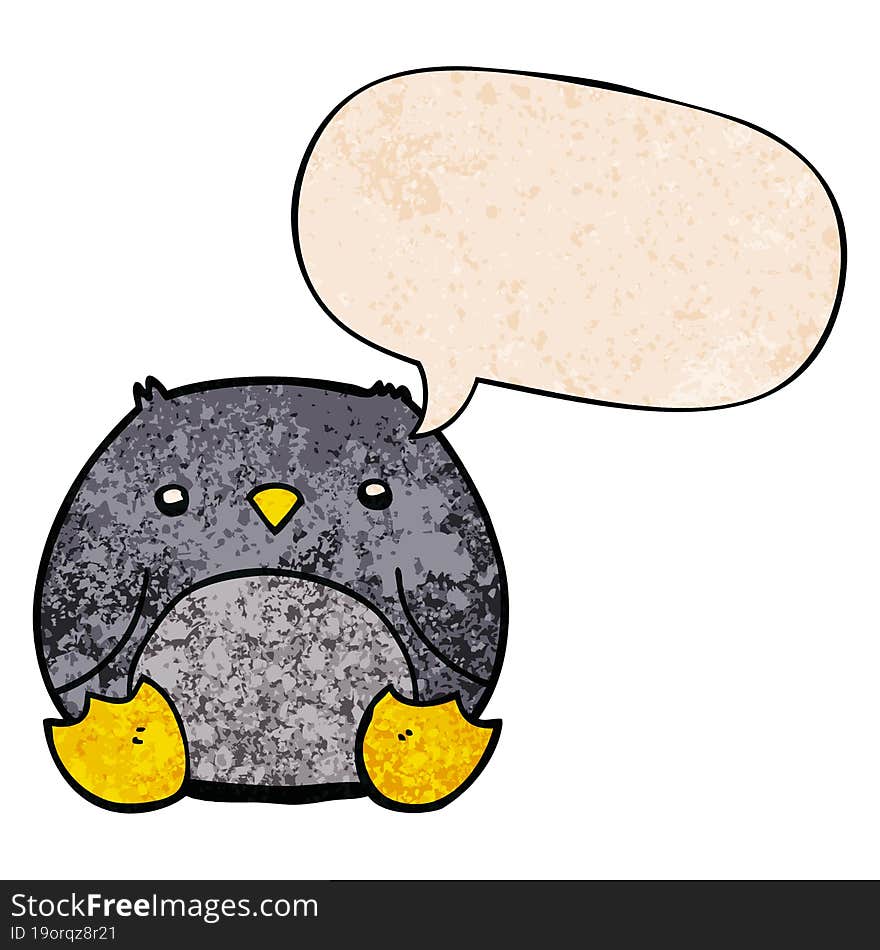 cartoon penguin with speech bubble in retro texture style