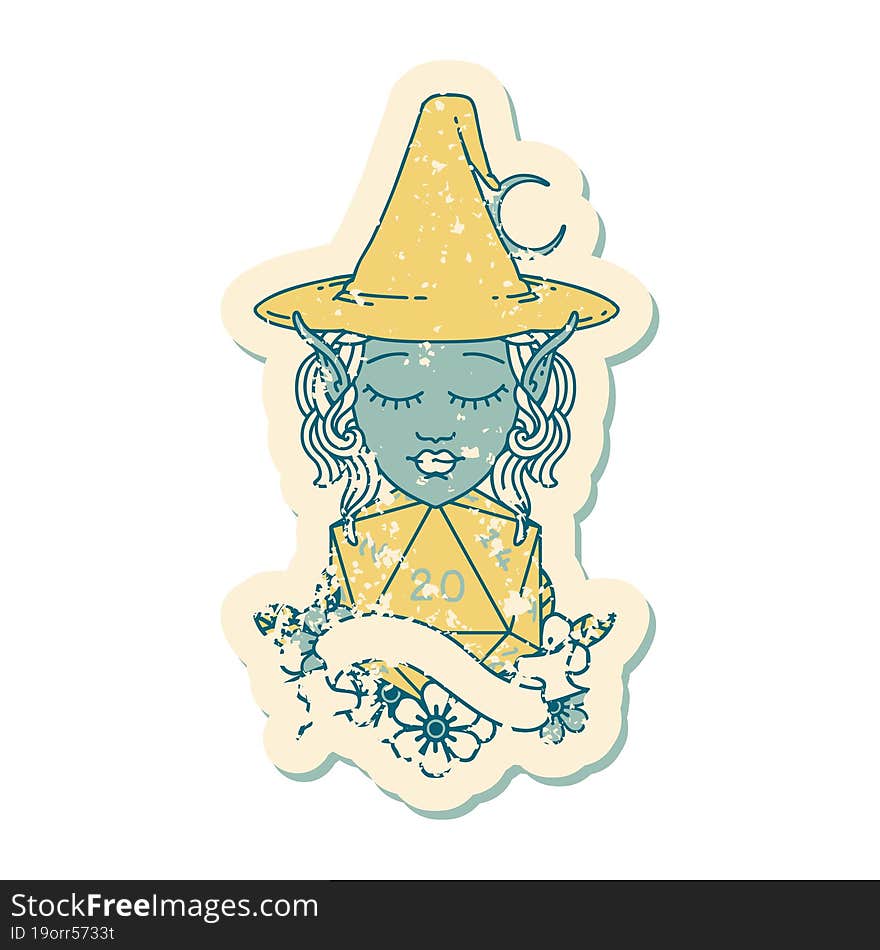 elf mage character with natural twenty dice roll illustration