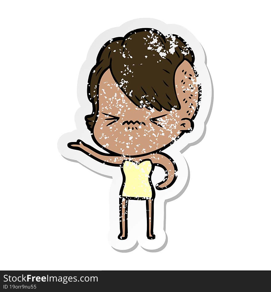 distressed sticker of a cartoon annoyed hipster girl