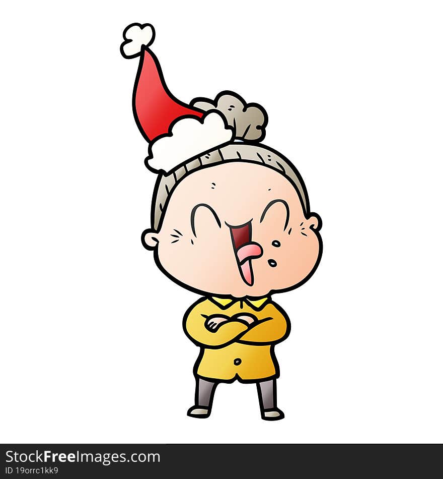 gradient cartoon of a happy old woman wearing santa hat