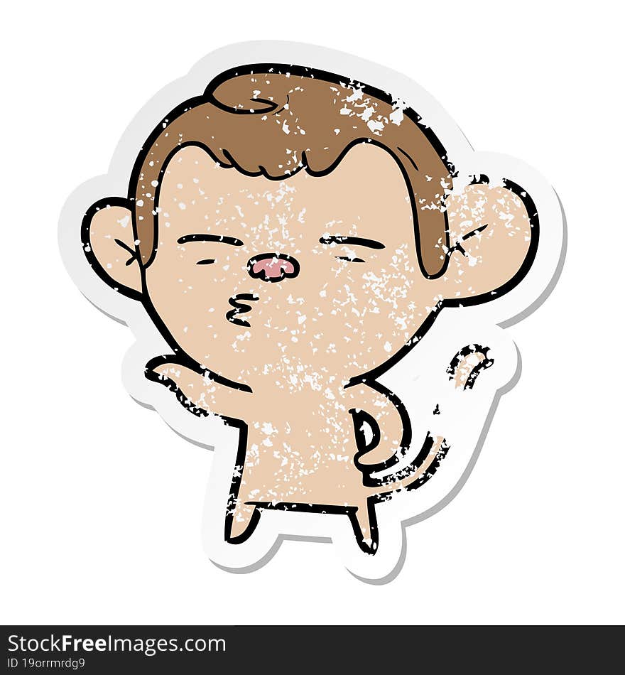 distressed sticker of a cartoon suspicious monkey