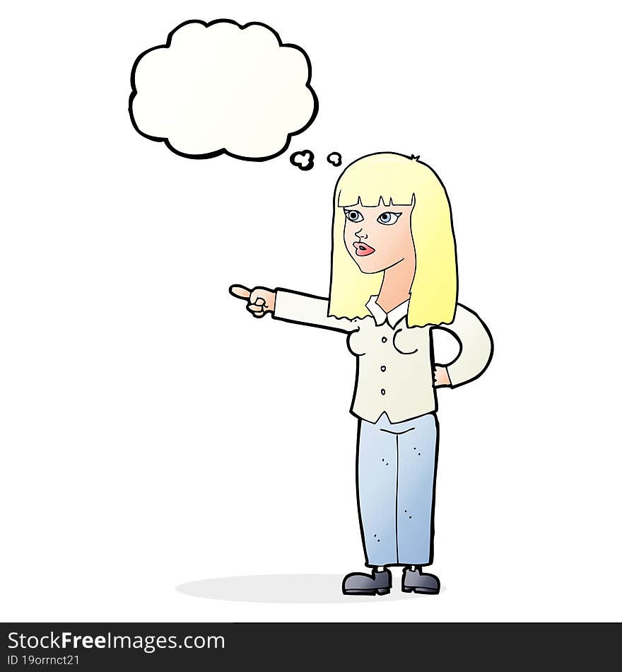 cartoon pretty woman pointing with thought bubble