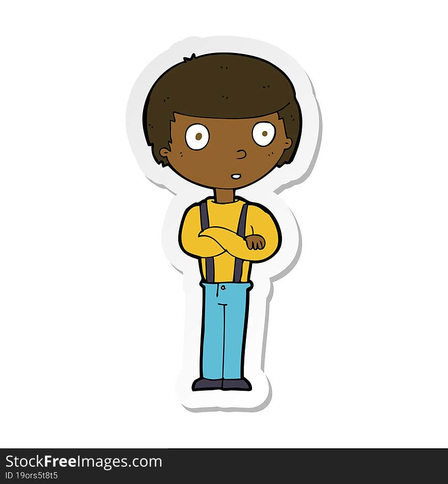 sticker of a cartoon staring boy with folded arms