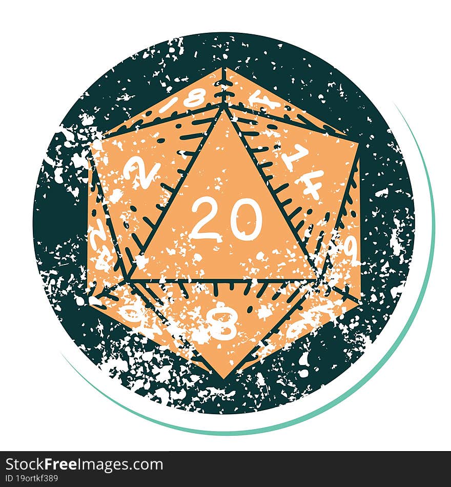 distressed sticker tattoo style icon of a d20 dice