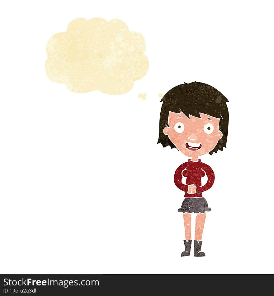 cartoon excited woman with thought bubble