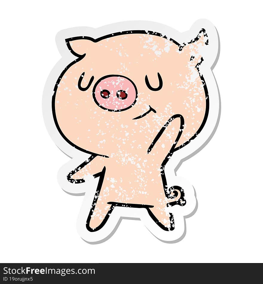 Distressed Sticker Of A Happy Cartoon Pig Waving