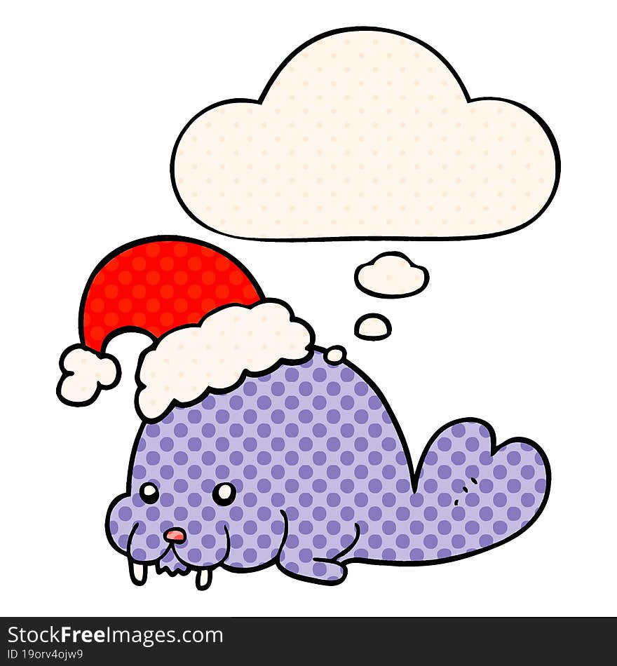 cartoon christmas walrus and thought bubble in comic book style