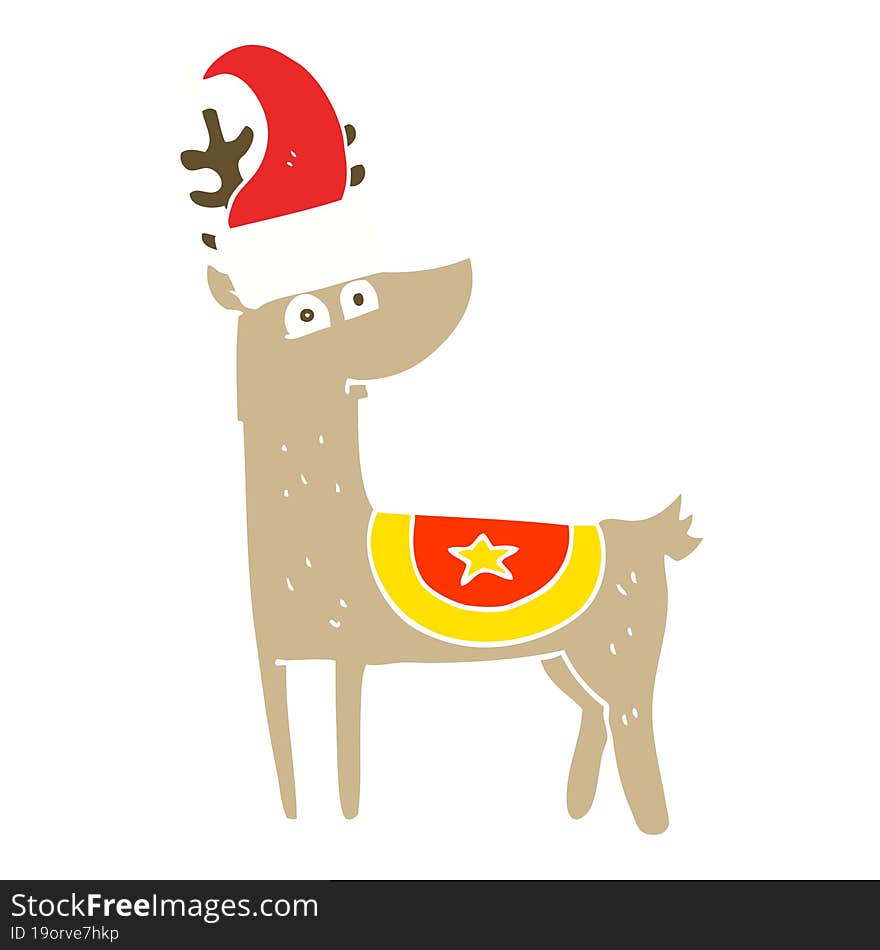 flat color illustration of a cartoon reindeer wearing christmas hat