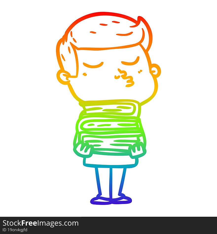 rainbow gradient line drawing cartoon model guy pouting holding books