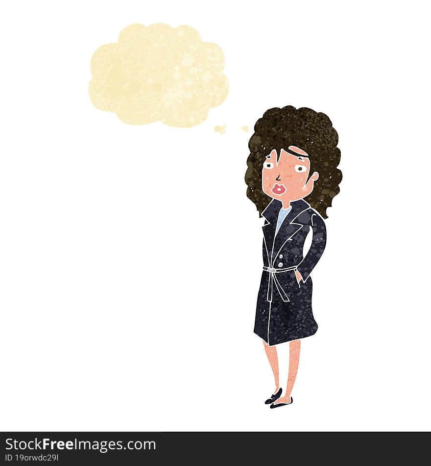 cartoon woman in trench coat with thought bubble