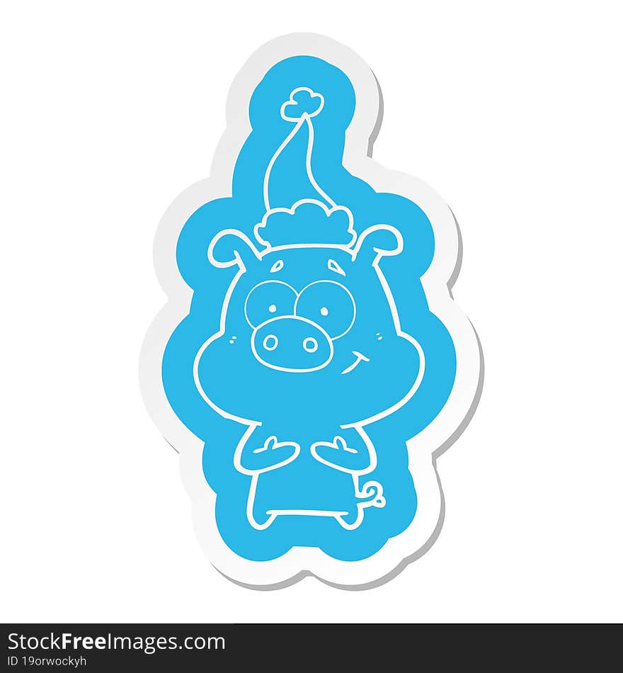 happy cartoon  sticker of a pig wearing santa hat