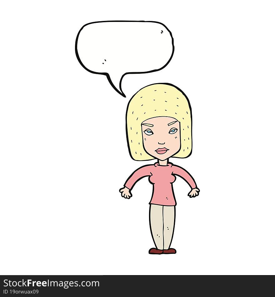 cartoon woman shrugging shoulders with speech bubble