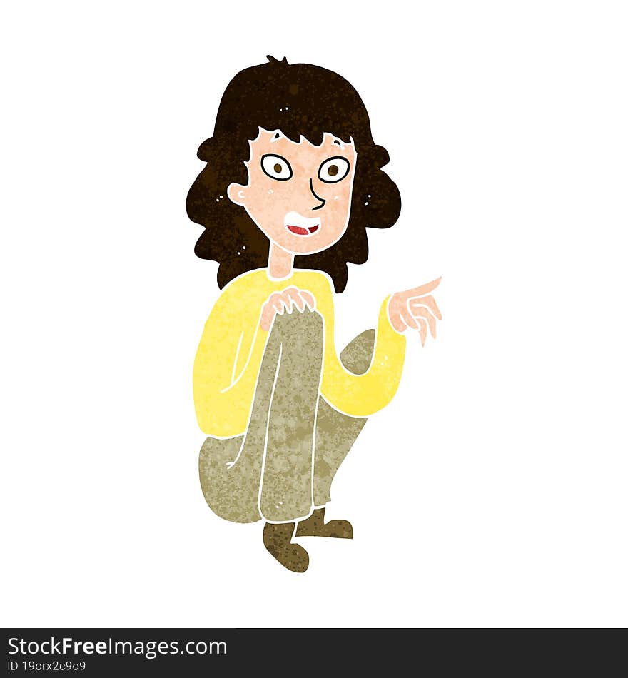 Cartoon Happy Woman Sitting And Pointing