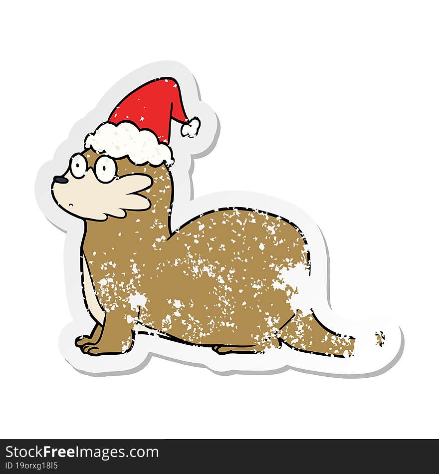 Distressed Sticker Cartoon Of A Otter Wearing Santa Hat