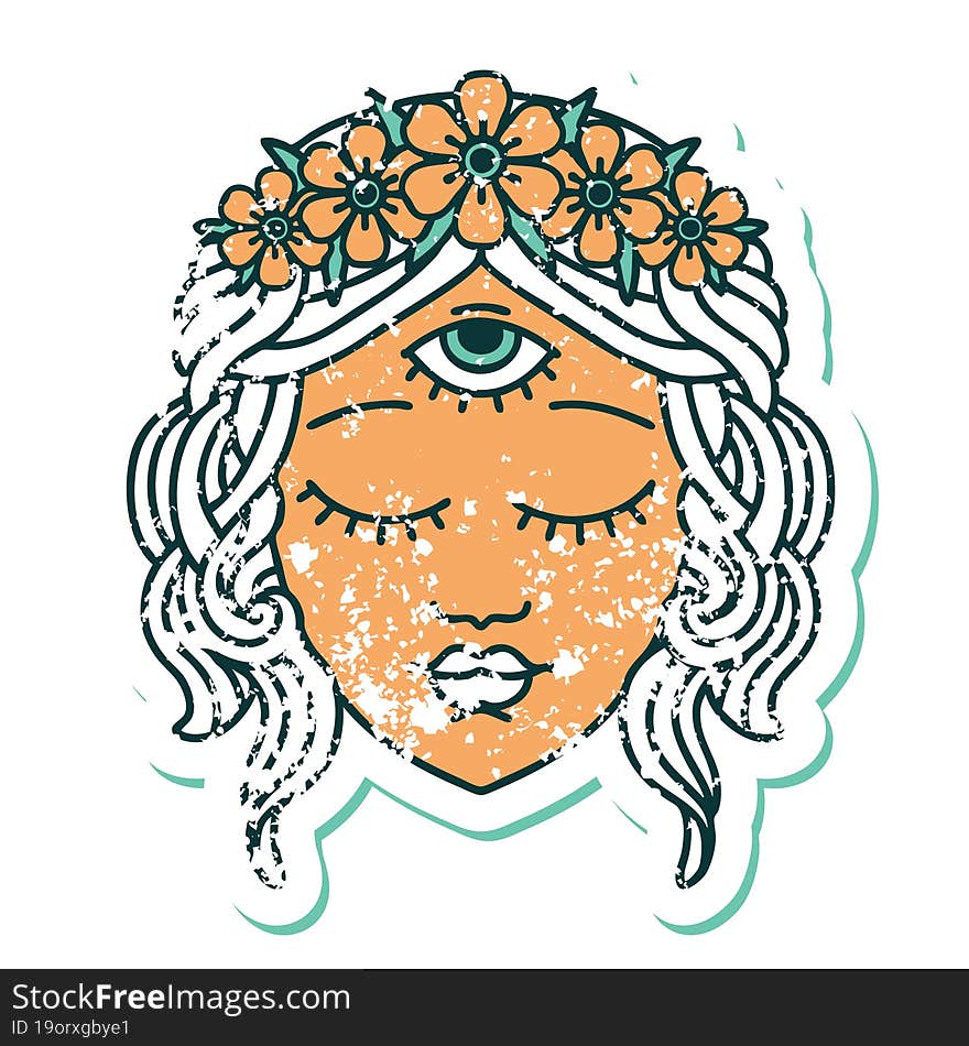 Distressed Sticker Tattoo Style Icon Of Female Face