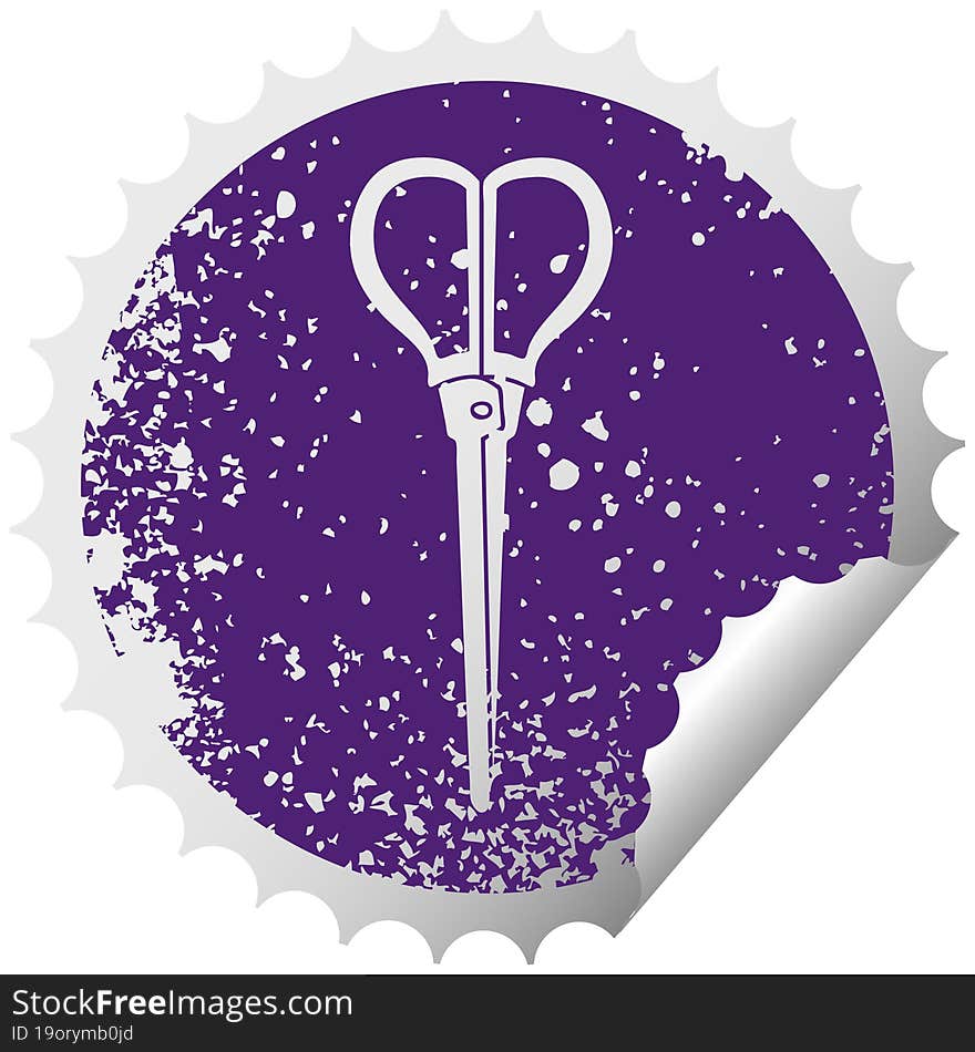 quirky distressed circular peeling sticker symbol scissors