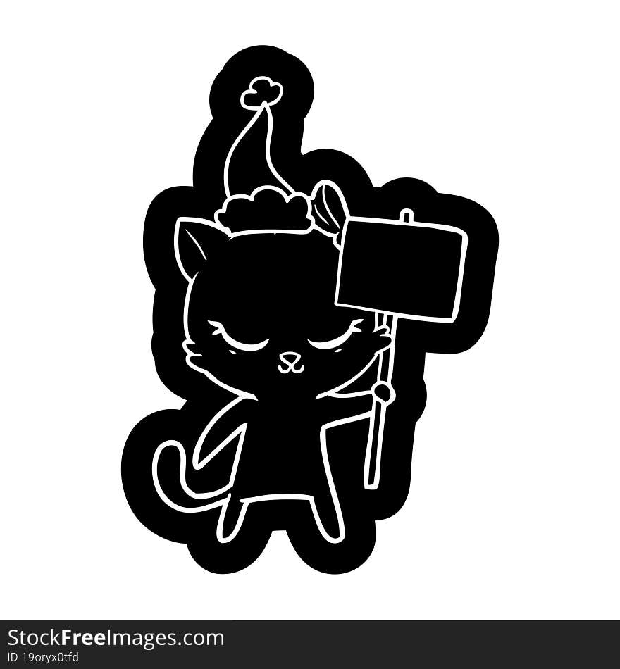 cute cartoon icon of a cat with sign wearing santa hat