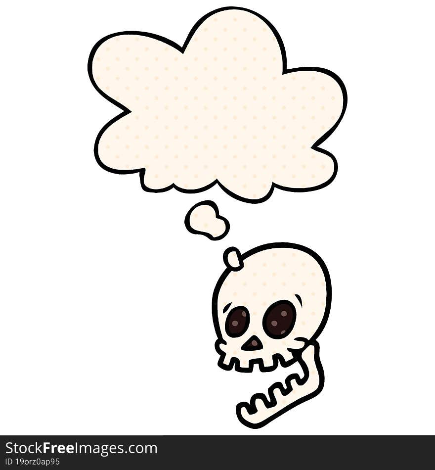 laughing skull cartoon with thought bubble in comic book style