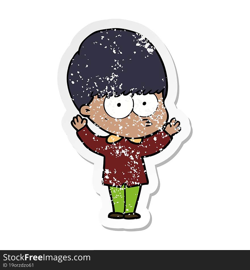 Distressed Sticker Of A Nervous Cartoon Boy